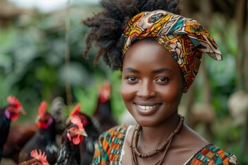 Vibrant African woman with a bright smile, surrounded by chickens and sunflowers