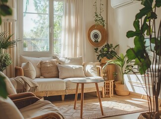 A Scandinavian-style home interior with cozy beige sofa and natural light creating a serene ambiance