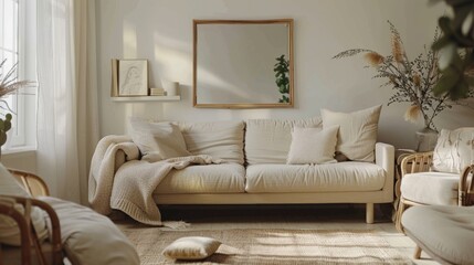 A Scandinavian-style home interior with cozy beige sofa and natural light creating a serene ambiance