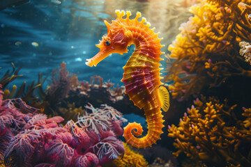 Fototapeta na wymiar Image for 3d floor. Underwater world. Seahorse. corals.