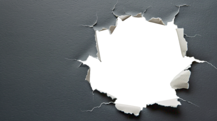 A torn hole in gray paper, a hole in the wall with ragged edges. A window to another world. Isolate. AI generated.