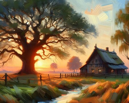 Painting of beautiful landscape with old house, big tree and little stream during sunset