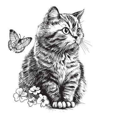 hand drawn ink doodle cat and flowers on white background. design for adults, poster, print, t-shirt, invitation, banners, flyers. sketch.