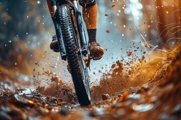 Close-up shot of a mountain bike tire mid-motion, vividly capturing mud splatter against a blurred autumn backdrop - obrazy, fototapety, plakaty
