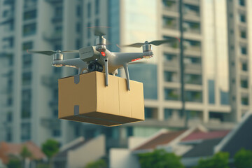 A drone hovers in the sky, transporting a cardboard box as part of innovative delivery solutions utilizing unmanned aerial vehicles and advanced technology for fast and reliable transportation. - obrazy, fototapety, plakaty