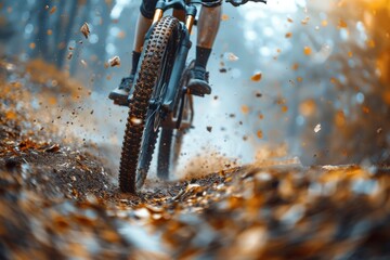 An extreme close-up that emphasizes the intricate tread design of a mountain bike tire navigating a...