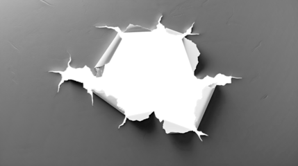 A torn hole in gray paper, a hole in the wall with ragged edges. A window to another world. Isolate. AI generated.