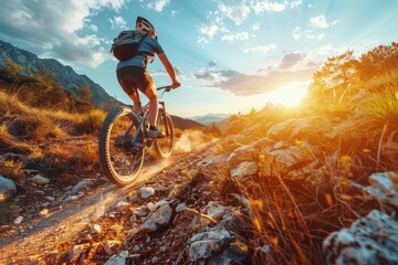 The golden light of sunset frames a cyclist on a mountain trail, emphasizing the blend of adventure and serene landscapes
