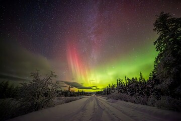 Aurora borealis illuminating snow-covered trees