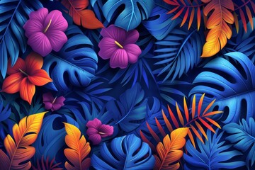 A beautiful dark tropical pattern with an exotic forest background. Original stylish floral background print in vibrant rainbow colors. - obrazy, fototapety, plakaty