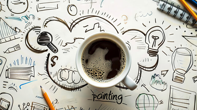 A steaming coffee cup amidst creative doodles, encapsulating brainstorming and inspiration