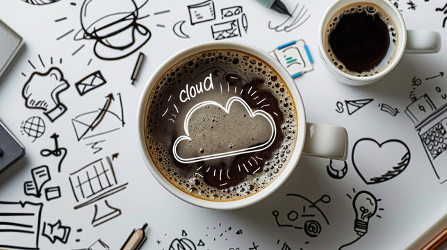 A steaming coffee cup amidst creative doodles, encapsulating brainstorming and inspiration