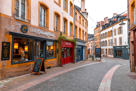 Street view and typical french buildings in Metz, France
