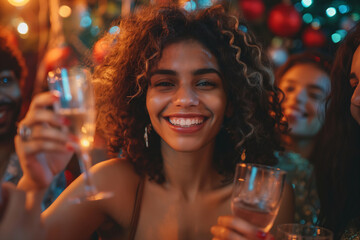 A lively portrait capturing the happiness of a young group of people at a party, as they raise their glasses in celebration, surrounded by festive decorations and drinks.