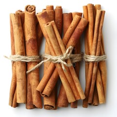 Ceylon cinnamon sticks top view on a white background
