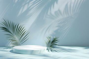 3D blue podium with tropical leaves and shadow for product presentation. Empty background with round podium with shadows of palm leaves. minimalism, 3D room with copy space