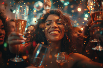 A lively portrait capturing the happiness of a young group of people at a party, as they raise their glasses in celebration, surrounded by festive decorations and drinks. - obrazy, fototapety, plakaty