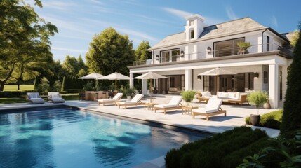 Obraz premium Mediterranean inspired villa with a sprawling garden and a private beach access in the exclusive Hamptons, New York