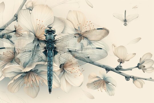 Fototapeta A seamless pattern of wind blow flowers and dragonflies on a beige background. This illustration is hand-drawn in watercolor.