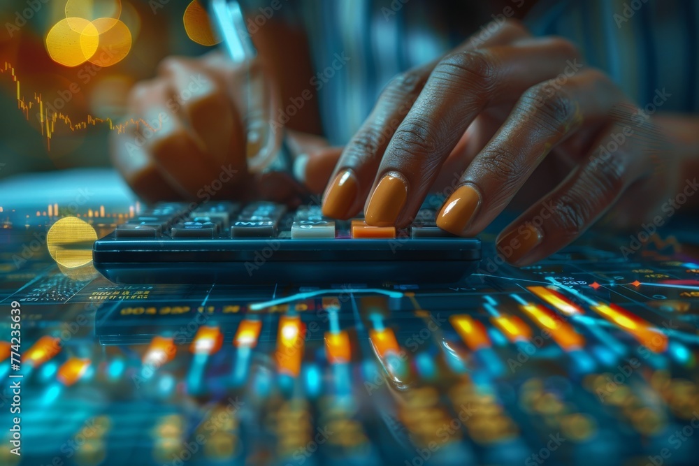 Poster an in-depth financial analysis with hands calculating figures on a digital calculator over glowing t