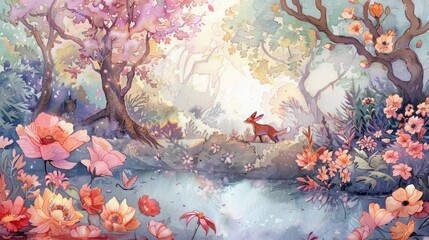 A fantasy landscape painted in watercolors, showcasing mythical animals wandering through a forest of pastel flowers, all handdrawn