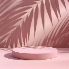 3D pink podium with tropical leaves and shadow for product presentation. Empty background with round podium with shadows of palm leaves. minimalism, 3D room with copy space