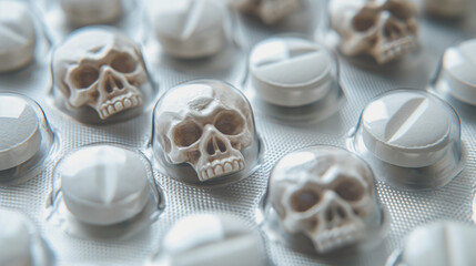 A blister with tablets in the shape of skulls symbolizes the danger of using powerful drugs. - obrazy, fototapety, plakaty