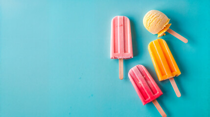 Ice cream background of various colors. Blue background. Summer background.