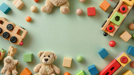 Baby kids toys background. Teddy bears, wooden train, toy cars, colorful blocks on light green background. Top view