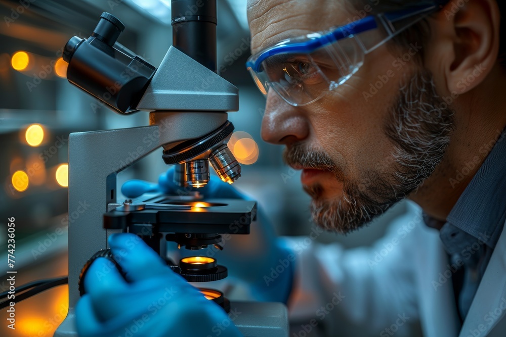 Poster a close-up of a scientist using a modern microscope in a laboratory setting, showcasing the intricac