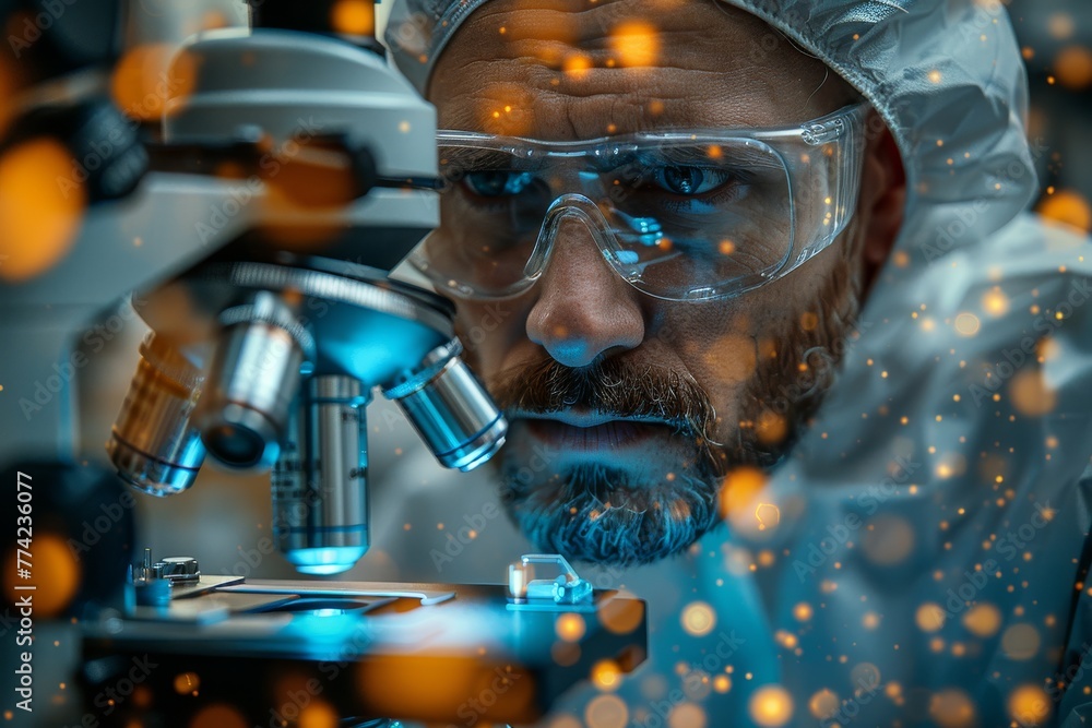 Poster detailed view of a professional scientist carefully analyzing samples under the high-powered lens of