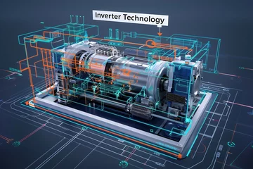 Fotobehang Illustration of internal electronic machinery with the label "Inverter Technology" highlighting the parts utilizing the technology © Athena 