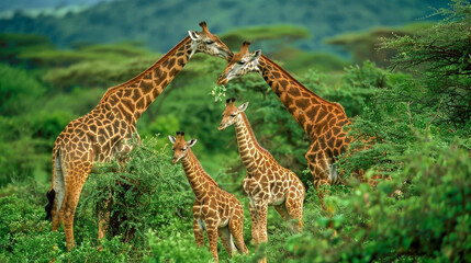 Giraffe family feeding on tree leaves - 774236079