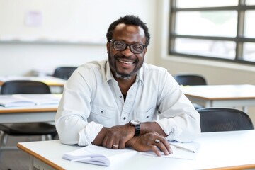 Smiling African American male teacher seated at a desk with a notebook, in a classroom.