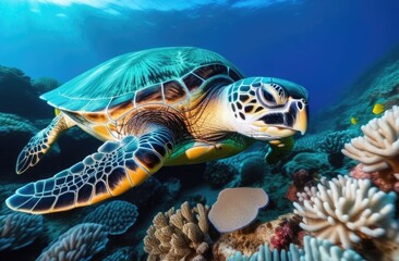 Obraz premium Close-up. A turtle swims underwater near corals in the sun's rays. Underwater photography