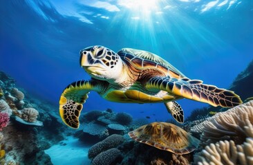 A turtle swims underwater near corals in the sun's rays. Underwater photography