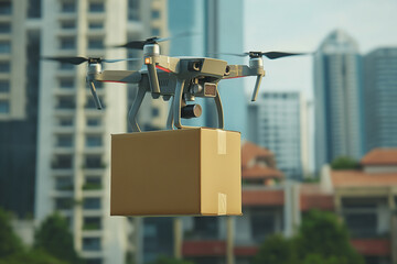 A drone hovers in the sky, transporting a cardboard box as part of innovative delivery solutions utilizing unmanned aerial vehicles and advanced technology for fast and reliable transportation. - obrazy, fototapety, plakaty