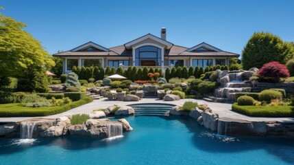 Obraz premium Mediterranean inspired villa with a sprawling garden and a private beach access in the exclusive Hamptons, New York
