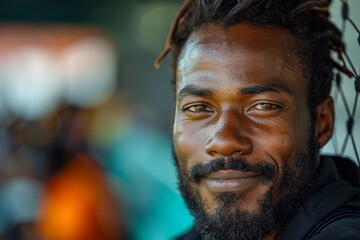 Portrait of a friendly man with dreadlocks and a subtle smile outdoors - obrazy, fototapety, plakaty