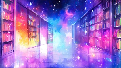 虹色の幻想的な図書室_3 - obrazy, fototapety, plakaty