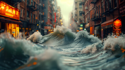Urban tsunami with waves crashing through city streets.
