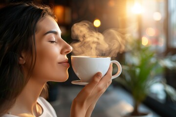 Female savors aroma of steaming coffee, eyes closed in tranquil city cafe ambiance.  Woman in blissful serenity inhales scent of hot beverage, basked in soft glow of sunrise. - obrazy, fototapety, plakaty