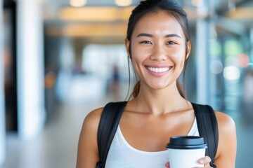 Happy athlete with a coffee cup smiles brightly, in a sunlit, modern fitness center. Sporty individual grins holding a beverage, in a contemporary gym setting, exuding health.