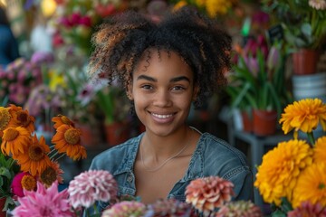 A radiant young woman with a broad smile is surrounded by an abundance of colorful flowers at a...