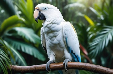 A white parrot with blue wings sits on a tree branch in the jungle. Macaw parrot in the wild