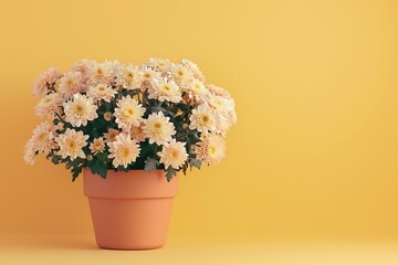Fresh chrysanthemum flowers in pot on yellow background