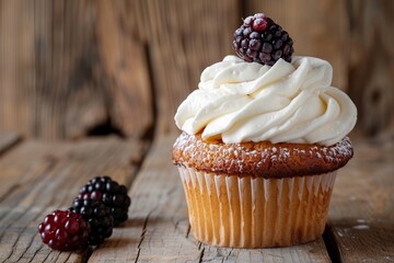 Tasty cupcake with butter cream and ripe blackberries on wooden table - obrazy, fototapety, plakaty