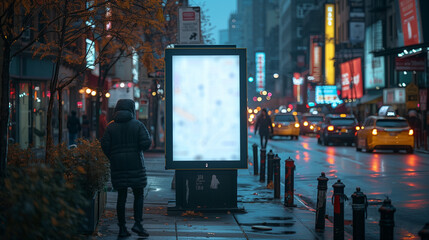 mock up of a white screen billboard placed on a city street corner, the billboard looks modern with a striking white screen, you can see a view of a busy city street with vehicle traffic and buildings