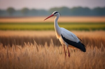 Obraz premium A stork walks through a field of wheat. Stork in the wild