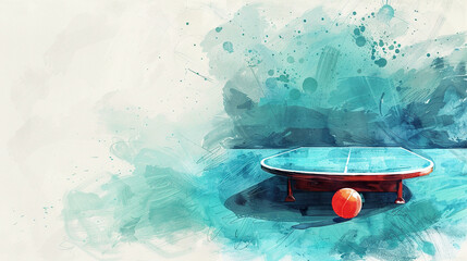 World Table Tennis Day, tennis paddles on watercolor blue table tennis, Poster, banner, card, background.  - obrazy, fototapety, plakaty
